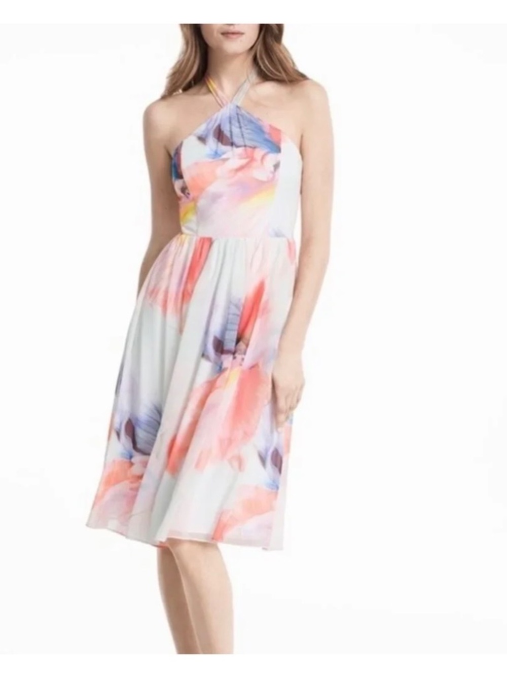 White House Black Market watercolor chiffon tie neck dress like new!